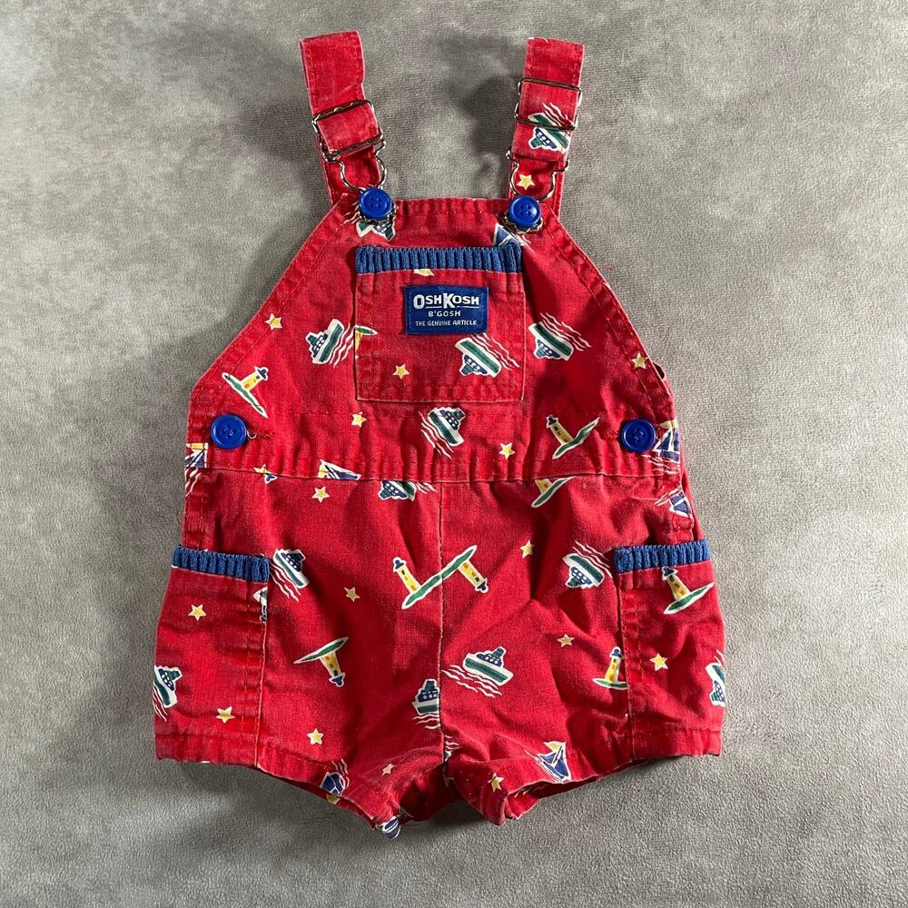 Vintage OshKosh B'Gosh Short Overalls Red Nautical Print Baby Size 6/9M Toddler